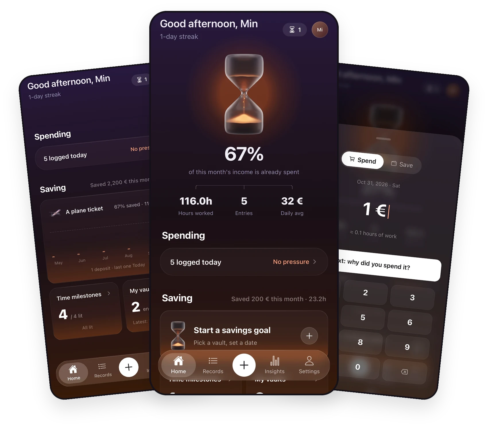 Gankan app in English: the home screen with an hourglass showing 67% of the month spent, a savings goal view, and the amount keypad.